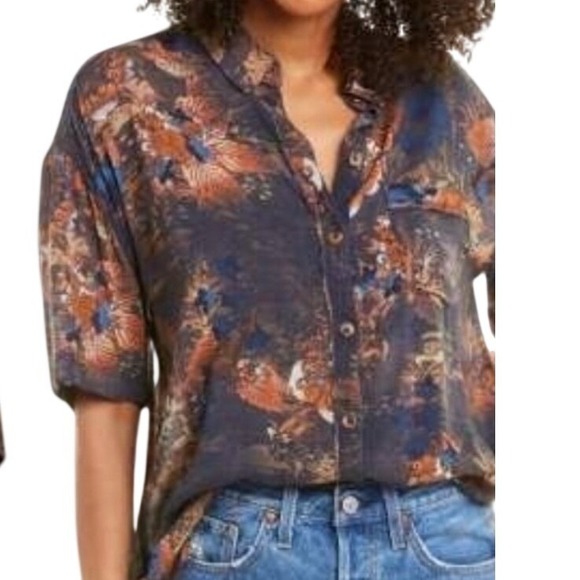 We The Free Tops - We The Free Button Down XS Oversized Blue Orange Tropical Floral Raw Edge Shirt